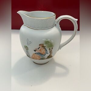 Vintage Athena Ceramic Pitcher Ewer Hand Painted Lady in Garden Cherub Bird